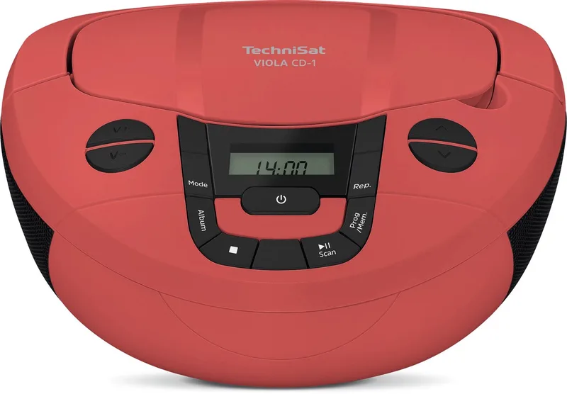 VIOLA CD-1 - draagbare stereo cd-speler, Boombox met praktische draaggreep (radio voor kinderen, FM-radiotuner, Bluetooth-ontvangst, 2 x 1 W RMS-vermogen, net- en batterijvoeding) van Technisat in Rood – productfoto