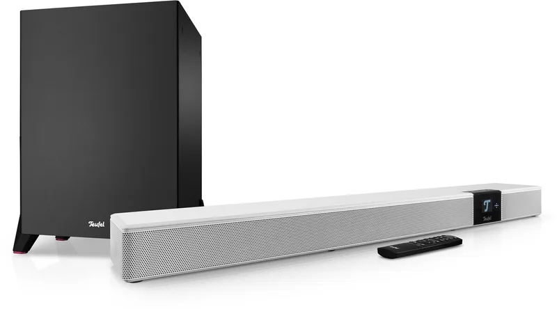 CINEBAR 22 Power Edition – 5.1-kanaals Dolby Atmos soundbar met draadloze, krachtige subwoofer - Thuisbioscoopsysteem, HDMI 3D ARC CEC - Touchscreen – zwart by Teufel in White – product photo