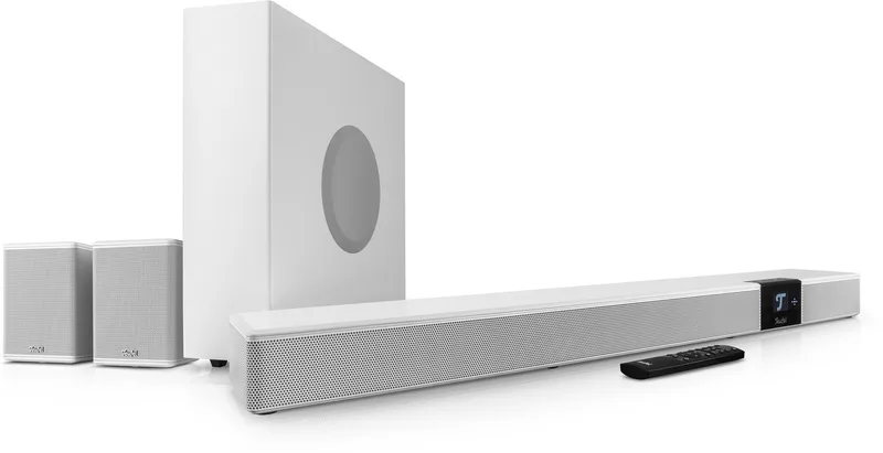 CINEBAR 22 Power Edition - Dolby Atmos 7.1 soundbar met 8 drivers, draadloze, slanke subwoofer - Rearspeakers - Home cinema systeem van Teufel in Wit – productfoto