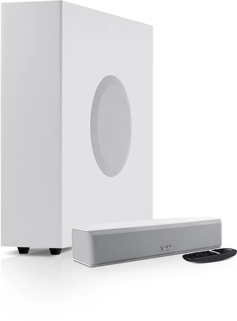 CINEBAR ONE+ - Ultracompacte soundbar met bluetooth & Dynamore Ultra technologie - Subwoofer van Teufel in Wit – productfoto