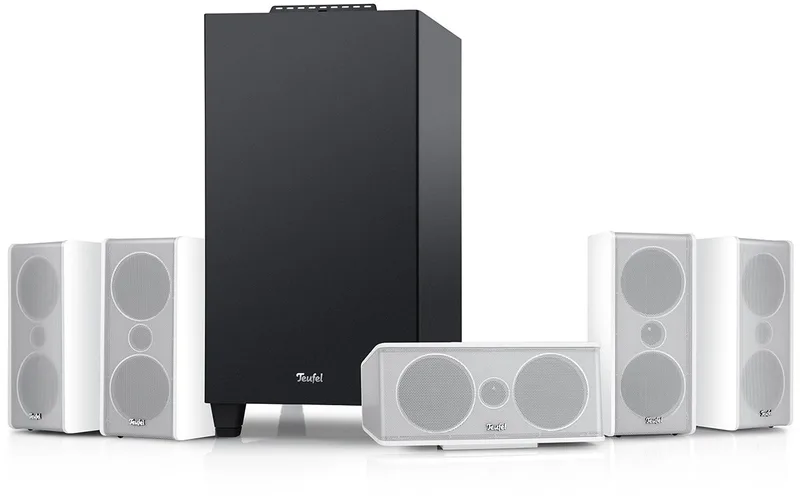 CONSONO 35 Concept - 5.1 surround sound-systeem, compleet thuisbioscoopsysteem met geïntegreerde AV-receiver, Bluetooth, Dolby Audio, USB-C-geluidskaartfunctie, HDMI ARC CEC voor games, films en muziek by Teufel in White – product photo