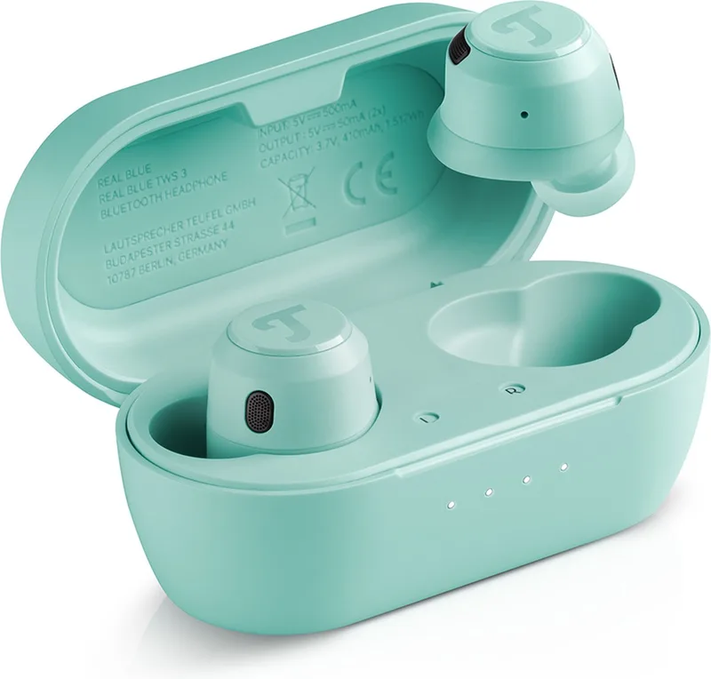 REAL BLUE TWS 3 - Draadloze oortjes met hybride Active Noise Cancelling - Bluetooth 5.3 met AAC - Spatwaterbescherming IPX4 - Oplaadcase van Teufel in Nevelgroen – productfoto