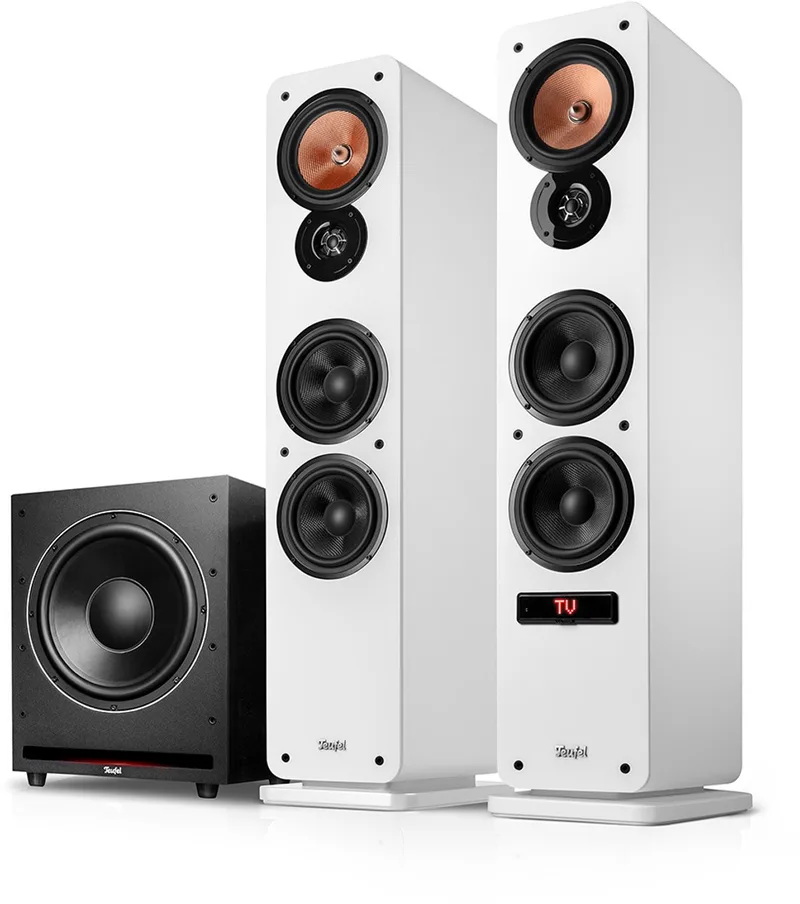 Ultima 40 ACTIVE 3 Club Edition - Krachtig 2.1 audioysteem met actieve vloerstaanders en subwoofer, bluetooth aptX, 260 W, basreflex, ingebouwde versterker, HDMI ARC CEC, USB-C by Teufel in White – product photo