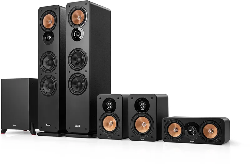 ULTIMA 40 Surround 5.1 home cinema set, 2 vloerstaande speakers, 2 boekenplankspeakers, centerspeaker en subwoofer van Teufel in Zwart – productfoto