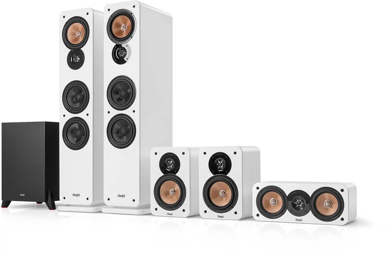 ULTIMA 40 Surround 5.1 home cinema set, 2 vloerstaande speakers, 2 boekenplankspeakers, centerspeaker en subwoofer by Teufel in White – product photo