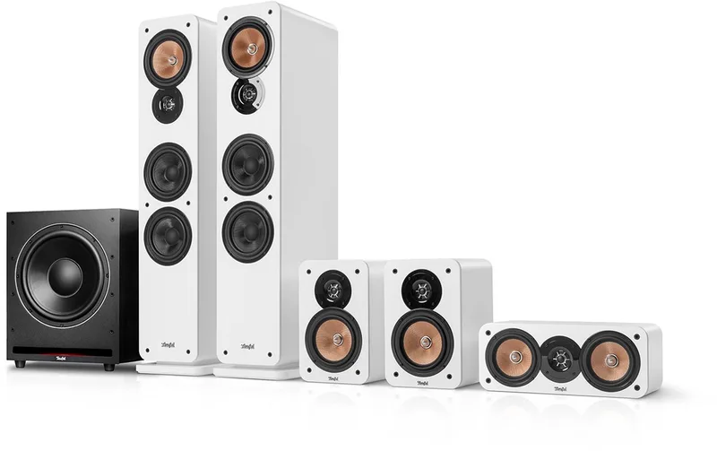 ULTIMA 40 Surround Power Edition 5.1-Set - Home cinema set met 2 vloerstaande speakers - 2 boekenplankspeakers - Centerspeaker en XXL subwoofer by Teufel in White – product photo