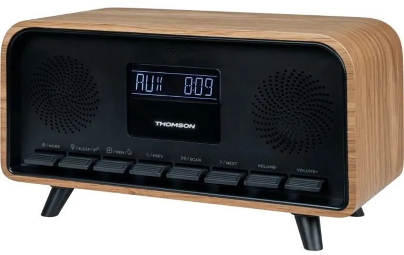 Bluetooth wekkerradio van Thomson in Zwart en natuurlijk hout – productfoto