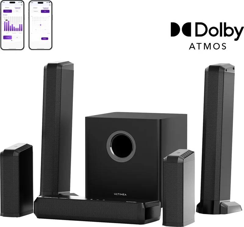 Apollo S90 – 9.1-kanaals Dolby Atmos Soundbar, 470W, 6,5" draadloze subwoofer, afneembaar ontwerp, RGB van Ultimea in Zwart – productfoto