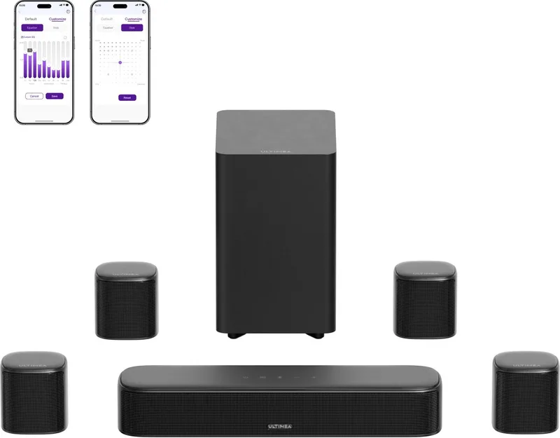 Aura 7.1 Surround Soundbar met Subwoofer, TV Soundbar met 4 surroundluidsprekers, App-besturing, Home Cinema voor Smart TV van Ultimea in Zwart – productfoto