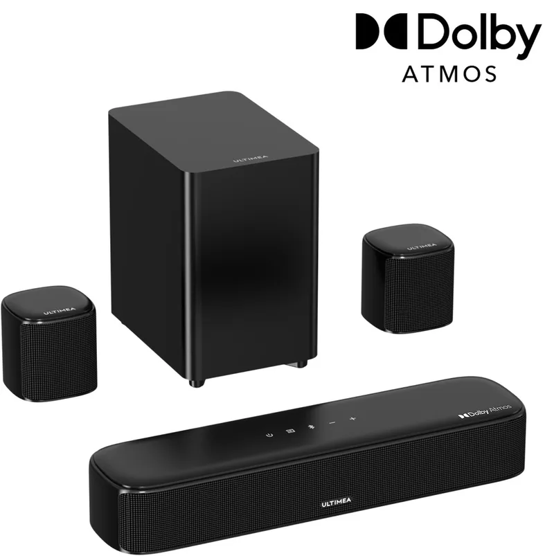 Aura A50 Pro Home Theatre-systeem: 5.1-kanaals Dolby Atmos-soundbar met subwoofer en 2 surroundspeakers by Ultimea in Black – product photo