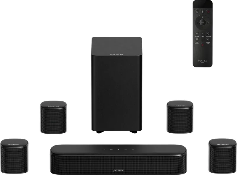 Aura serie 7.1-kanaals soundbar met 4 surroundluidsprekers, subwoofer, app-bediening, Bluetooth 6.0, HDMI/OPT/AUX, 350 W van Ultimea in Zwart – productfoto