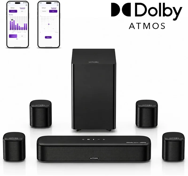 Aura serie - 7.1 Soundbar voor TV met Dobly Atmos, Surround Sound Systeem met 5,25" Subwoofer, 4 surroundluidsprekers by Ultimea in Black – product photo