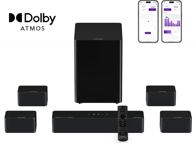 Poseidon D80 Boom - 7.1 Dolby Atmos Soundbar - Draadloze Subwoofer & Surround Speakers - Home Cinema - HDMI eARC - Soundbar voor tv - Zwart