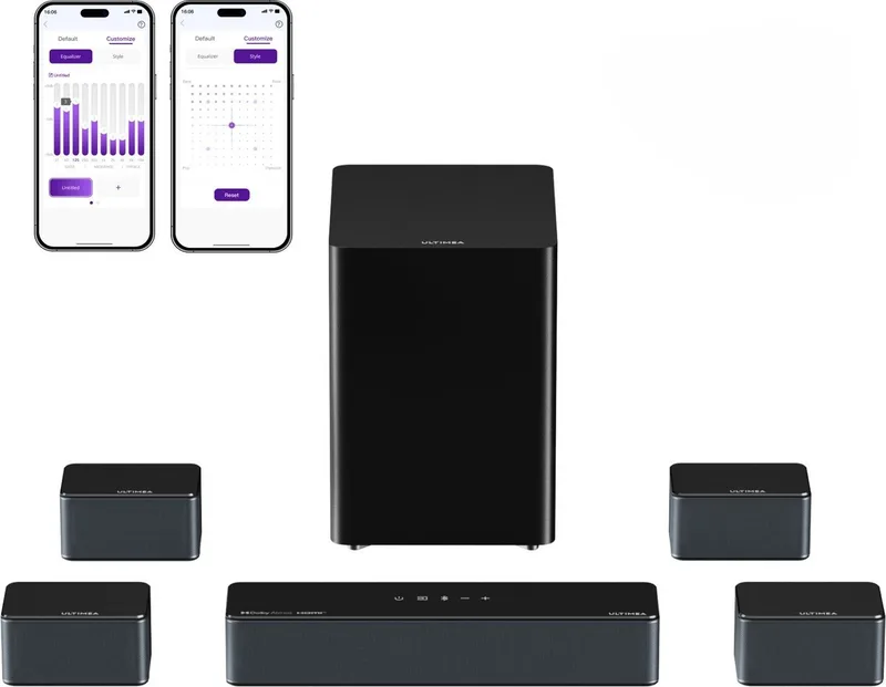 Poseidon D80 Boom 7.1 Dolby Atmos soundbar met draadloze subwoofer en 4 surround speakers van Ultimea in Zwart – productfoto
