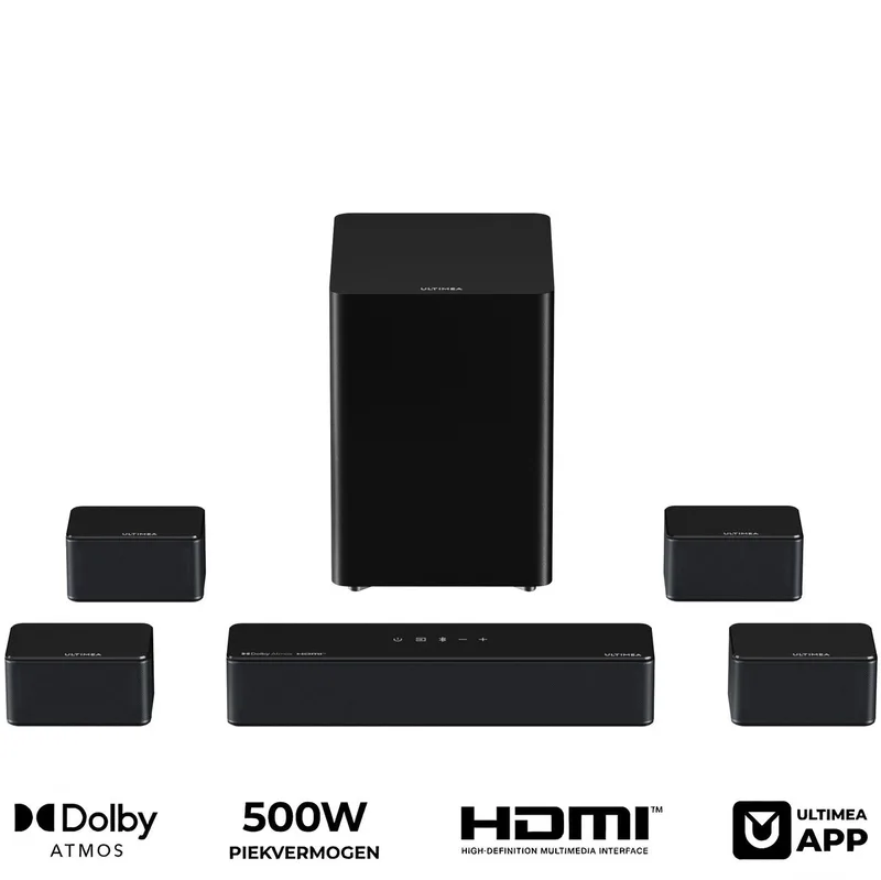 Poseidon D80 Boom 7.1 Soundbar met Dolby Atmos - Draadloze Subwoofer & 4 Surround Speakers van Ultimea in Zwart – productfoto