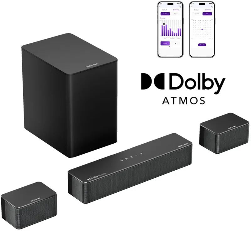 Poseidon M4T Home Theater System: 5.1-kanaals Dolby Atmos-soundbar met draadloze subwoofer en 2 surround-luidsprekers by Ultimea in Black – product photo