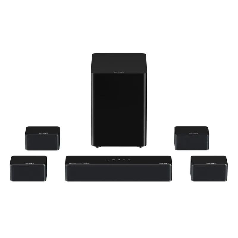 Poseidon Serie 7.1 Sound bar voor tv met Dolby Atmos Soundbar, Draadloze Subwoofer & 4 Surround Speakers van Ultimea in Zwart – productfoto