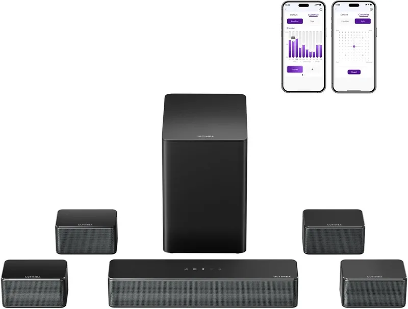 Soundbar met 6,5" draadloze subwoofer en 4 surroundspeakers, 7.1-kanaals surround sound, Smart app-bediening - Zwart van Ultimea in Zwart-7.1 – productfoto