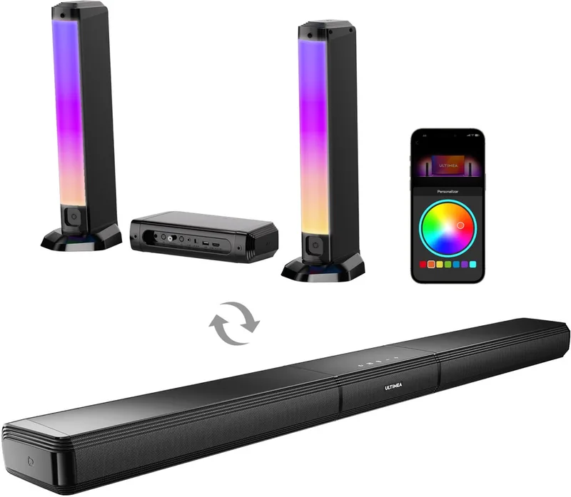ULTIMEA 5.0-kanaals Soundbar met RGB-verlichting voor Home Cinema, Afneembare PC Soundbar met App-besturing, Geluidssysteem met Verstelbare EQ van Ultimea in Zwart – productfoto
