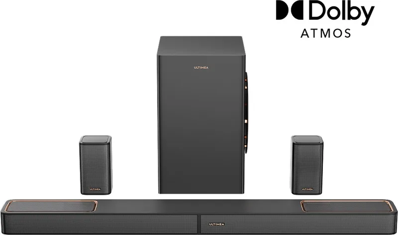 ULTIMEA 5.1.2-kanaals Dolby Atmos soundbar met 6,5" subwoofer, 2 surround speakers, HDMI eARC, Bluetooth 5.4 en app-bediening van Ultimea in Zwart – productfoto