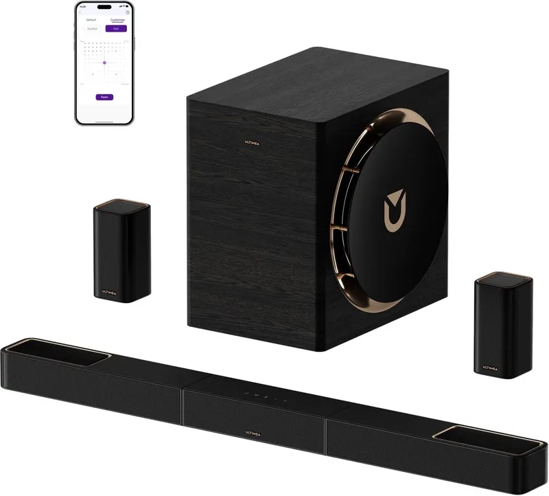 ULTIMEA 7.1.4 Professioneel draadloos surround sound-systeem, Dolby Atmos, 980W soundbar met 10" draadloze subwoofer, Skywave X70 van Ultimea in Zwart – productfoto